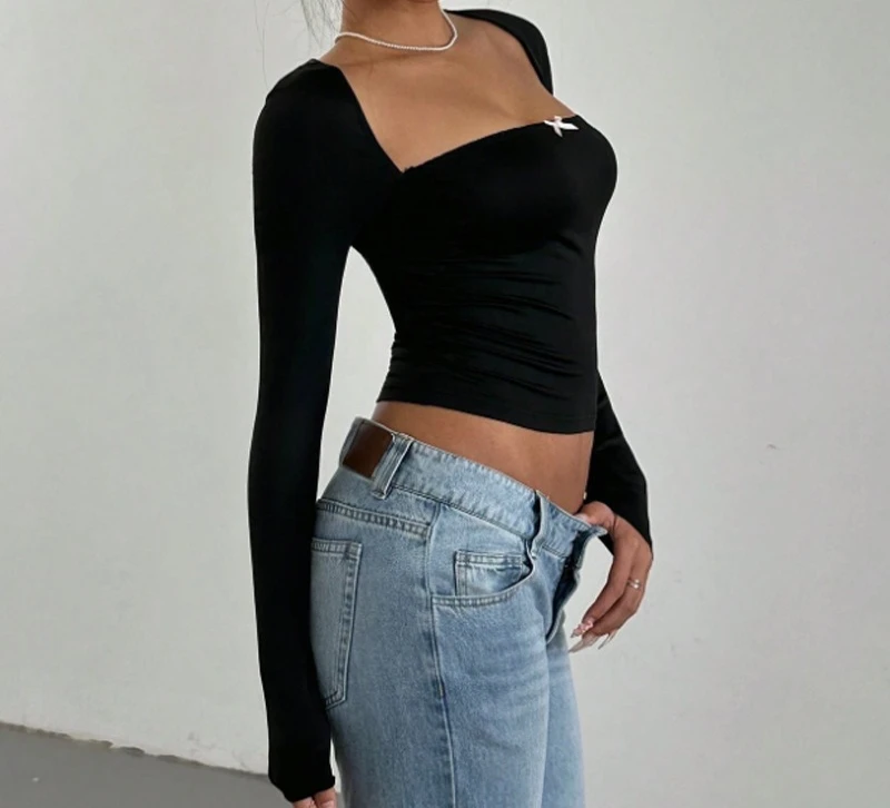 T-shirt à manches longues et col carré, Sexy, automne, pull ajusté, Base supérieure, 2025