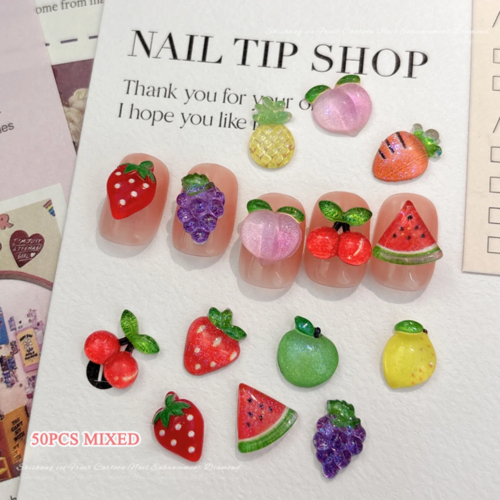 50pcs 3D Mixed Fruit Series Nail Art Charms Kawaii Cherry Strawberry Honey Peach Watermelon Nail Decor Resin Nail Accessories