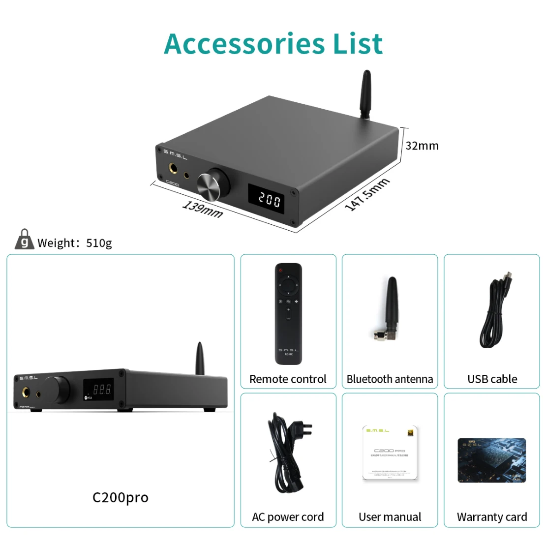 SMSL C200 Pro Hi-Res Audio Decoder ES9039Q2M DAC-chip USB Optische Coaxiale Bluetooth-ingang 6.35mm 4.4mm 3W Hoofdtelefoonversterker