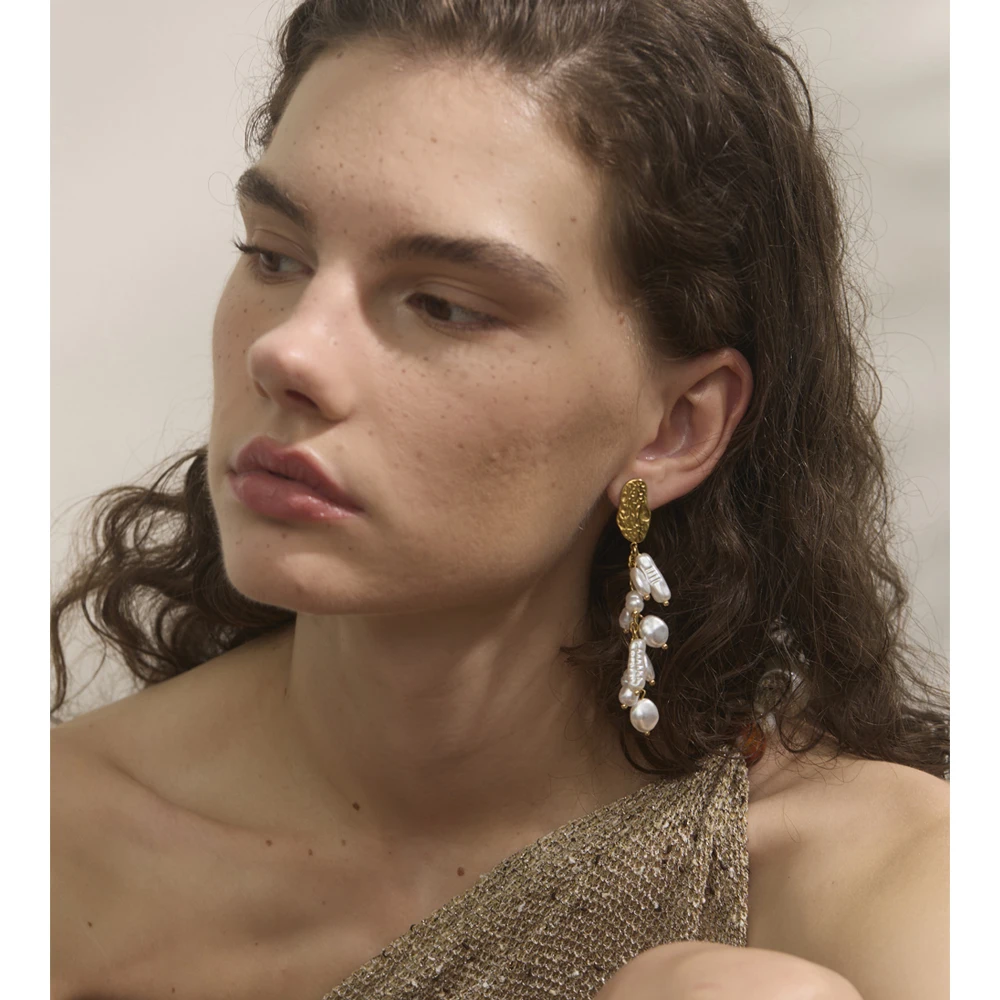 Yhpup الباروك مقلد اللؤلؤ شرابة سلسلة طويلة إسقاط أقراط الذهب اللون الفولاذ المقاوم للصدأ اليدوية الكورية اليومية مجوهرات النساء #5