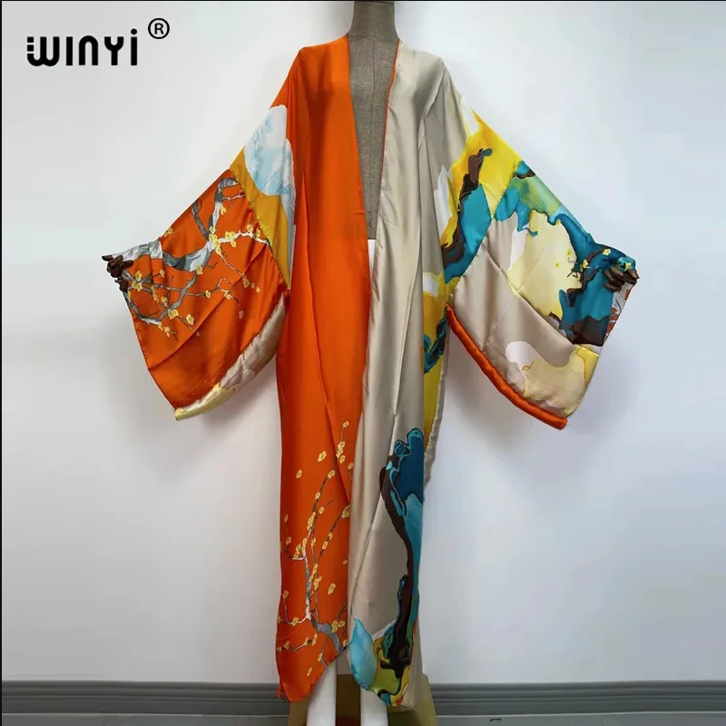 WINYI Catwalk Kimono Women Printed Bubble 2026 Coat Long Sleeve Cardigan Abaya Dubai Luxury Beachwear Cover Up Boho Dress Caftan 2