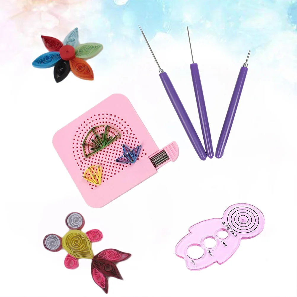 

5pc Diy Quilling Tool Kit Stainless Steel Tips Wooden Handle For Clay Nail Art Ceramic Indentation Purple Pink Ruler Disk