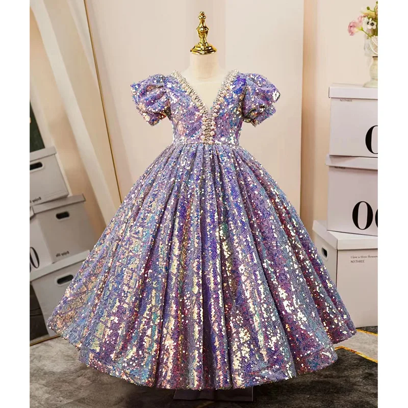 

Luxury Sequin girl dress fluffy grand event dress baby girl birthday party princess dress childrens formal occasion dress