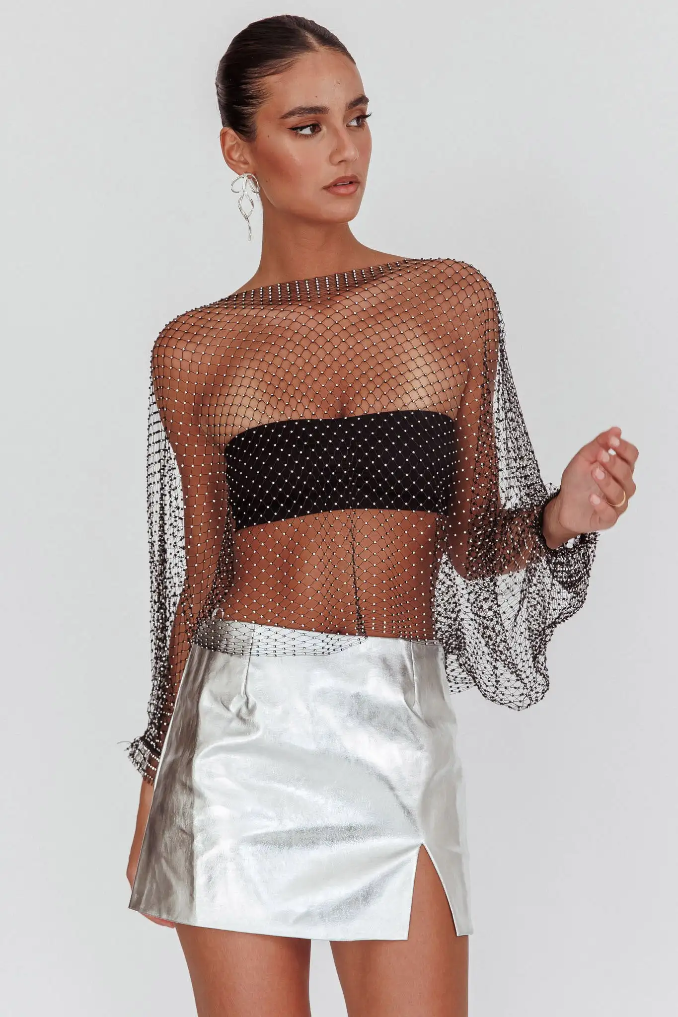 لامعة الماس شبكة صيد السمك كم طويل تي شيرت للنساء مثير انظر من خلال الجوف خارج شبكة عارية الذراعين المحاصيل الأعلى نادي الحفلات تانك القمم