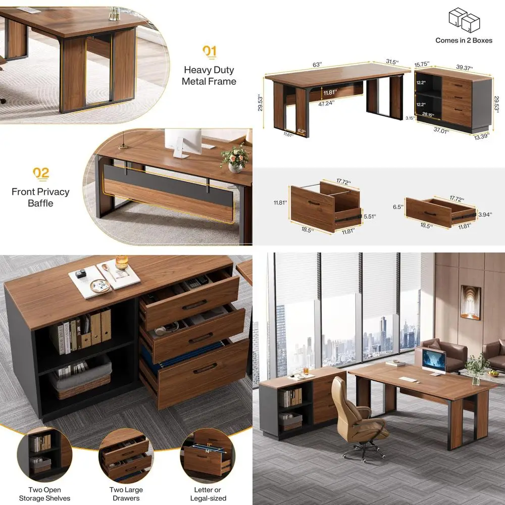 

63-дюймовый L-образный офисный стол, офисный стол с тумбой на 39,37 дюйма, большой компьютерный стол с полками для хранения, мебель для бизнеса S