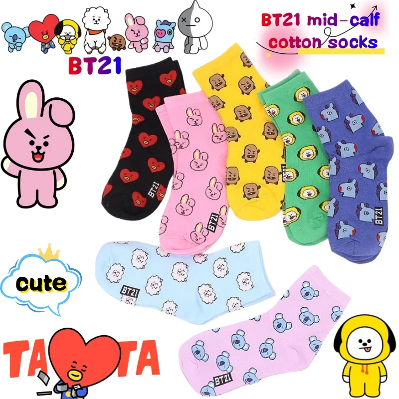 @BT21 Koya RJ Cooky Shooky Tata, chaussettes mi-mollet, motif créatif de style haute couture, imprimé de dessins animés, modèle pour couples, idéal pour l’automne et l’hiver, chaussettes longues et chaudes.