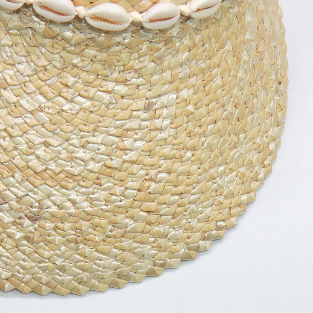 Handmade Wolf Tooth Grass Shell Visor Straw Hat, Elastic Headband Sun Cap for Women, Export view 2