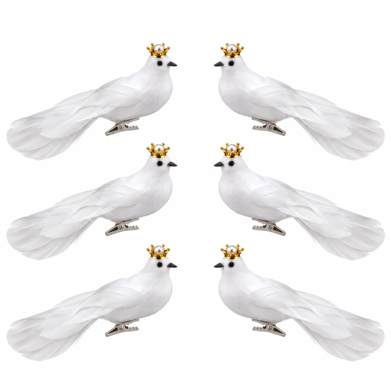 6PCS White Feather Bird Ornaments with Gold Crown, Clip-On Christmas Tree Decorations, 3.74 Inch Holiday Home Decor