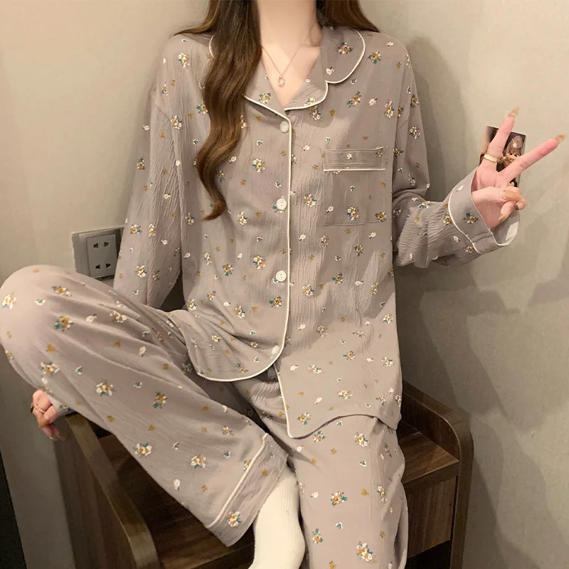 Retro Country-Style Small Floral Print Women's Sleepwear: New Spring/Fall Long-Sleeve, Loose-Fit, Plus-Size Loungewear Set