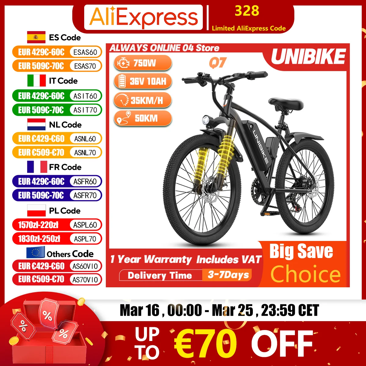 Unibike Q7 Erwachsene Urban Commuting Ebike 750W Spitzenmotor 36V 10Ah Batterie Mountainbike Elektrofahrrad 26*1,95" Reifen Elektrofahrrad