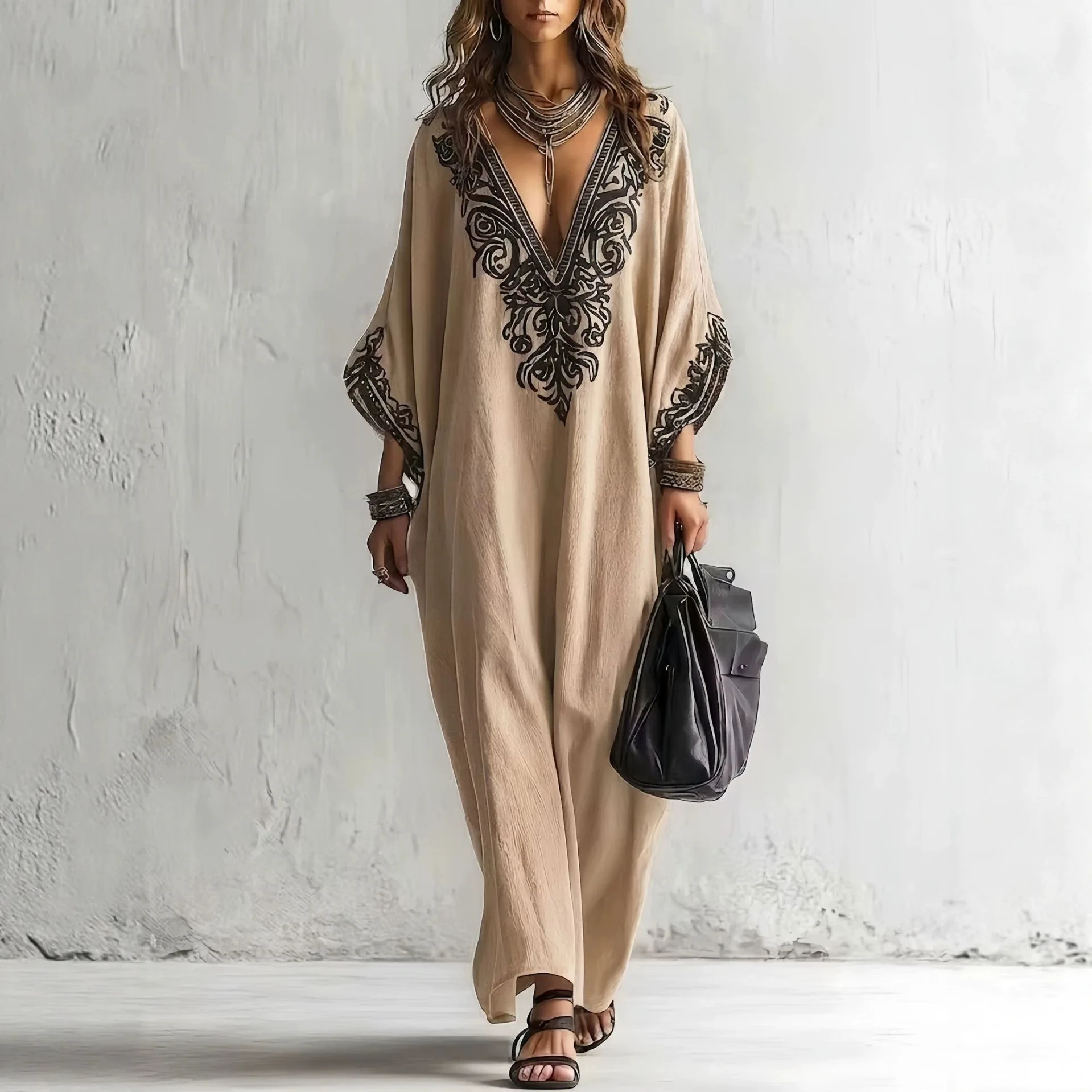 Cover Up Kaftan - Женское бохо-платье-кафтан с вышивкой, макси-длина, глубокий