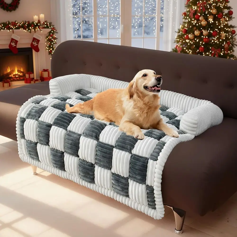 Couch Covers for Pets, Cream Square Plaid Dog Bed, Plush Mat & Furniture Protector for Large & Medium Dogs and Cats