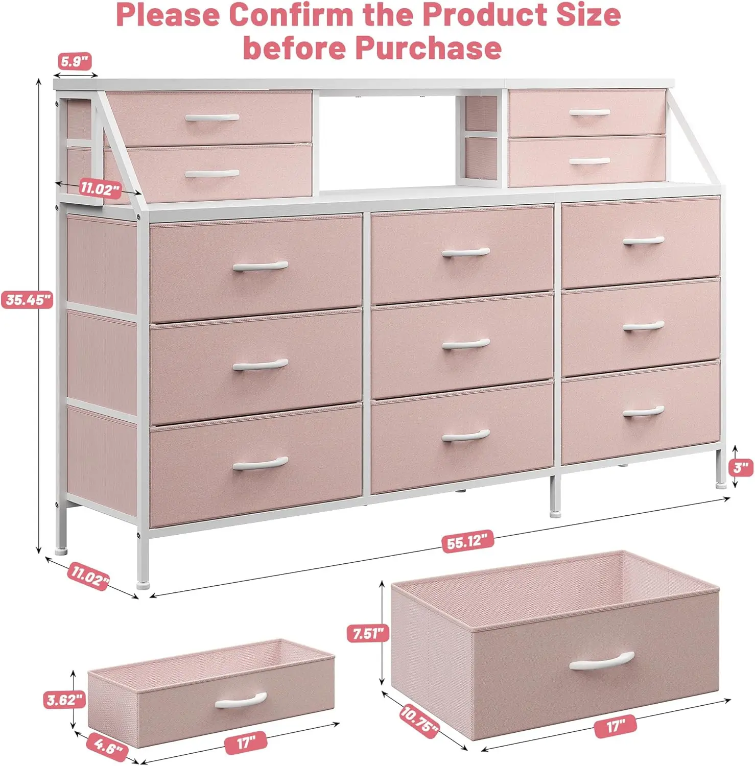 55”W Dresser for Bedroom, Pink Dresser for Bedroom, Dresser with 13 Large Drawer, Dressers & Chests of Drawers, Bedroom