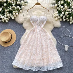 Luxury Summer Women Sexy Mesh Lace Embroidery Perspective Sexy Square Collar Spaghetti Strap Party Casual Holiday Dresses