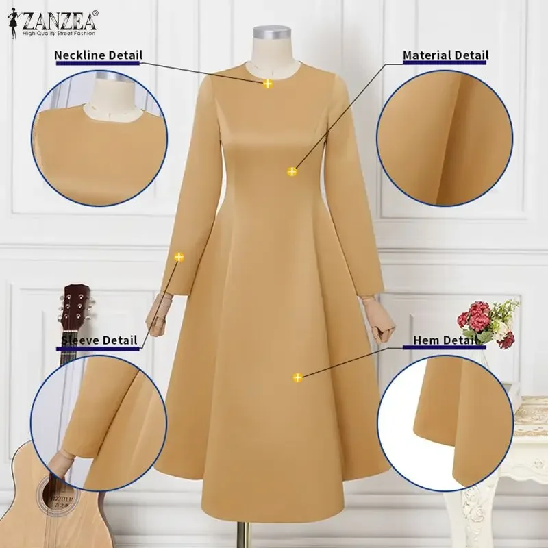 Zanzea elegante vestidos de festa feminino manga longa cetim a linha vestidos 2026 moda o pescoço sólido casamento maxi robe streetwear 3xl