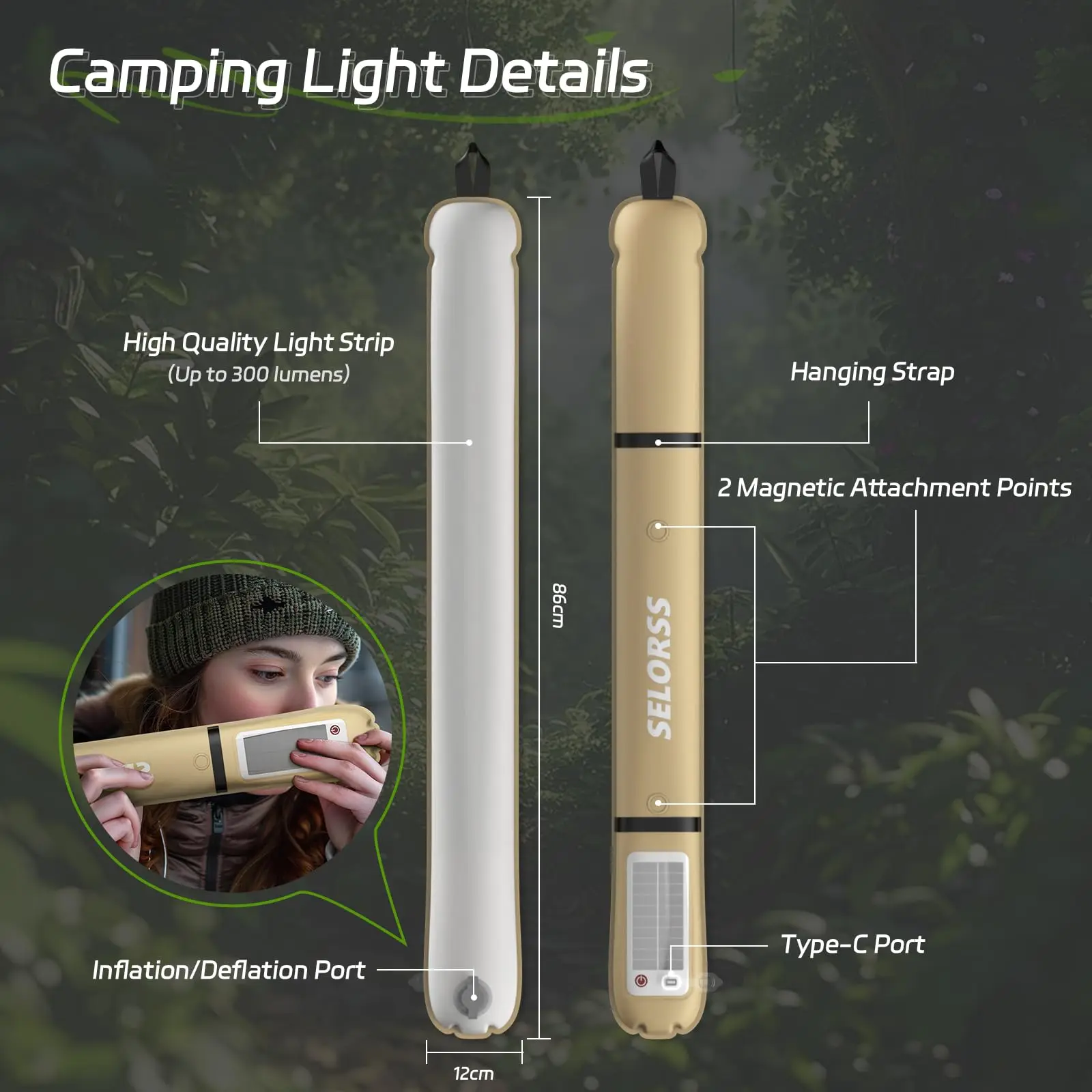 Selorss Solar Camping Lantaarn 2000Mah Opvouwbare Draagbare Camping Licht Waterdicht 3 Warm Licht Voor Wandelen Camping Vis Usb-Type C