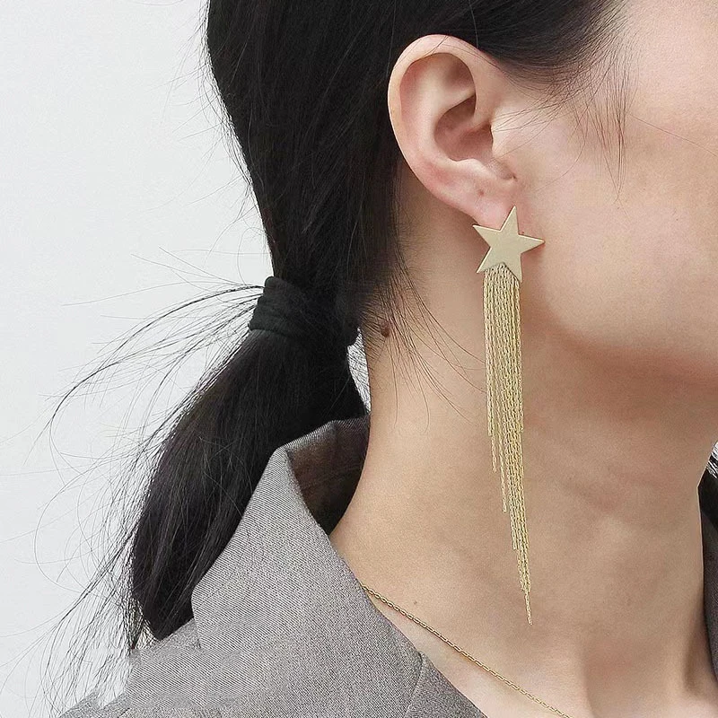 Lifefontier Gold Silver Color Metal Star Long Tassel Drop Earrings For Women Trendy Geometric Party Dangle Earring Jewelry