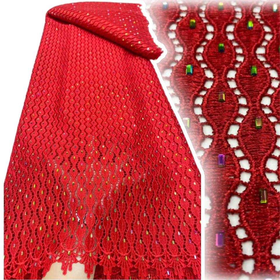 

Красный африканский гипюровый шнур, кружевная ткань с бисером и камнями, химическая кружевная ткань, водорастворимое кружево для женщин, вечерние платья SZ1468