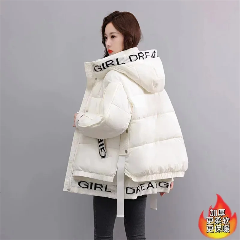 2024 Winter New Fashion Trend Splicing Letter Down Cotton Jacket Women's Hooded Loose Thicken Warm Coat Female Parker Outwear