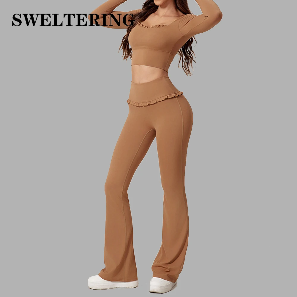 

SWELTERING 2PCS Gym Fitness Suit Flared Pants Yoga Set Sport Tracksuits Workout Sportswear Female Sport Long Sleeve Fitness Suit