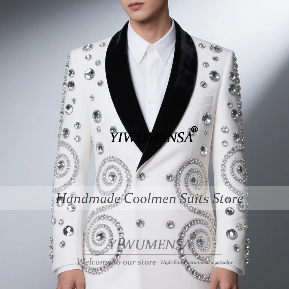 

Diamond Beaded Suits Men Luxury Double Breasted Jacket Pants 2 Pieces Groom Banquet Business Party Tuxedos Customized Man Dress