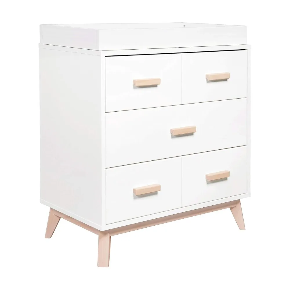 Babyletto Scoot 3-Drawer Changer Dresser with Removable Changing Tray in White and Washed Natural, Greenguard Gold