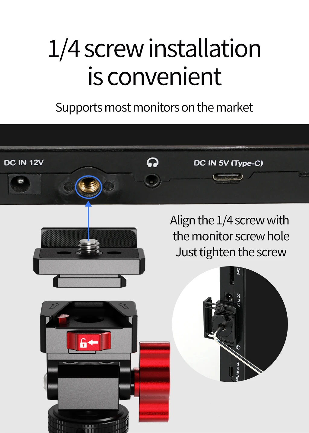 Video Rig Kugelkopf 360 drehbare Monitorhalterung 1/4 Zoll ARRI Pin Kaltschuh Schnellwechselplatte für DSLR-Kamera LED-Lichtmikrofon – Detail 6