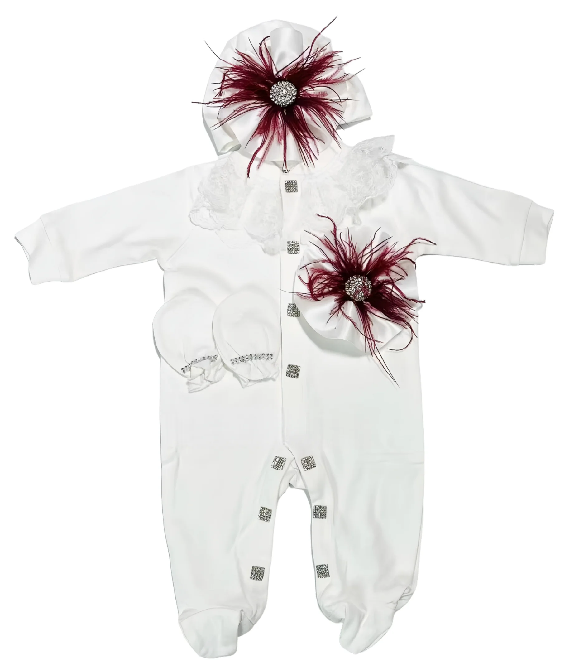 Elegant Baby Girl Newborn 3-Piece Crown Jewels Layette Gift Set with Ostrich Feather Decoration Christening Outfits 40suyi