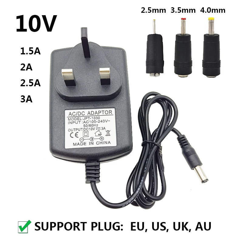 Universal Power Adapter 10V 2A Source Power Supply 10V Adapter 1.5A 2.5A 3A AU UK US EU Plug DC 4.0mm 3.5mm 2.5mm 5.5*2.5mm