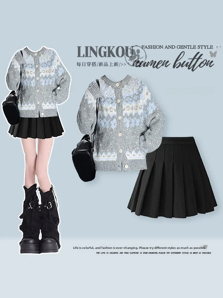 

Spring College Sle Women's Knitted Cardigan And ort Skirt Set Slimming Two-Piece Ensemble Casual Faion plus Size Options