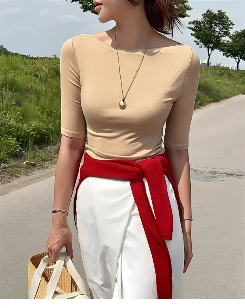 Sexy Halbarm Slim Fit Tees Koreanische 2026 Sommer Trendy Slash Neck Frauen T-shirts Off-schulter Feste Beiläufige Vielseitige top – Detail 1
