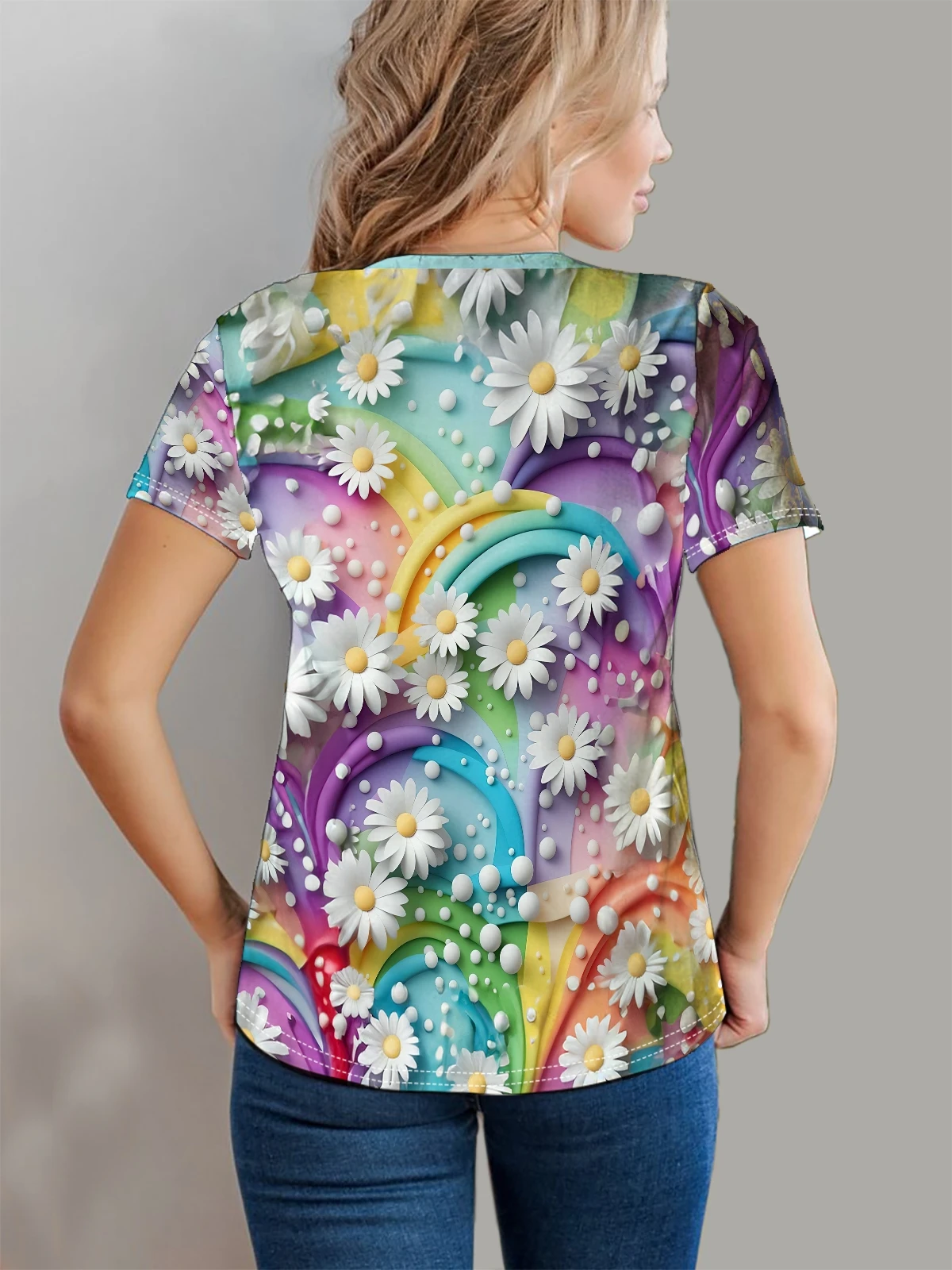 Daisy Rainbow T-shirt, Casual Crew Neck Short Sleeve Top For Spring & Summer, Women's Clothing