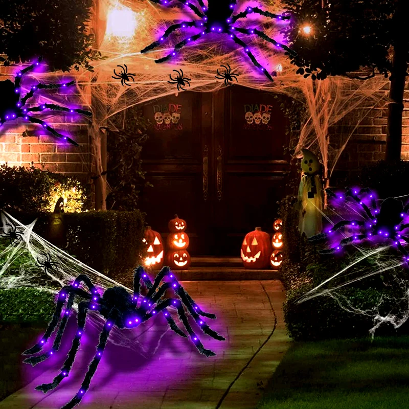 125cm Black Scary Giant Simulation Spider with Light, Halloween Spider Web Giant Spider Web Decoration, Haunted House Horr Props