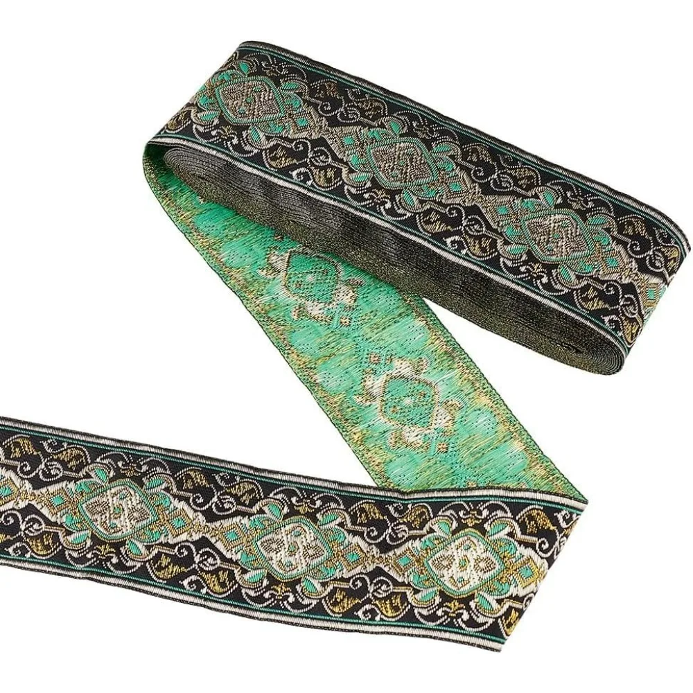 2 Inch Wide Diamond Flower Metallic Jacquard Ribbon 7.7 Yard Geometric Black Green Polyester Boho Jacquard Ribbons Tapestry