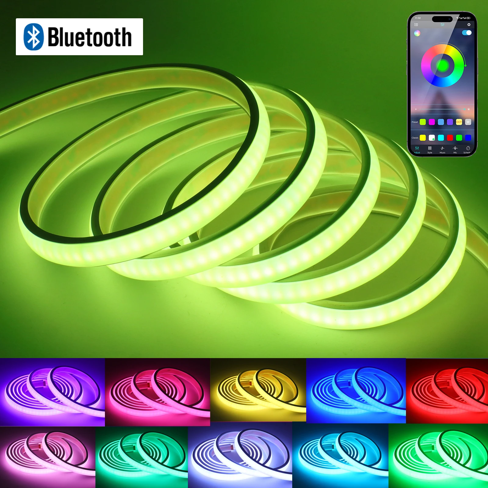 

Светодиодная лента Bluetooth RGB COB 12 В 24 В 576 светодиодов/м Водонепроницаемый неоновый свет RGB с приложением и дистанционным управлением для комнаты, праздничной вечеринки