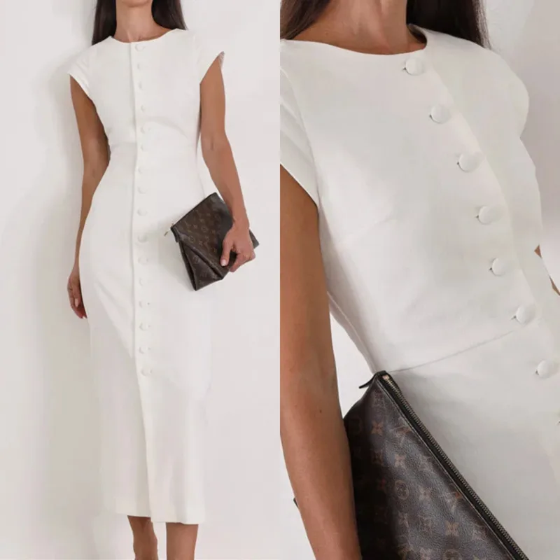 

Elegant Single Breasted Vest Style Dress Solid Color O Neck Slim Fit Flying Sleeve Dress Fashion Women's Commuting Bag Hip Dress