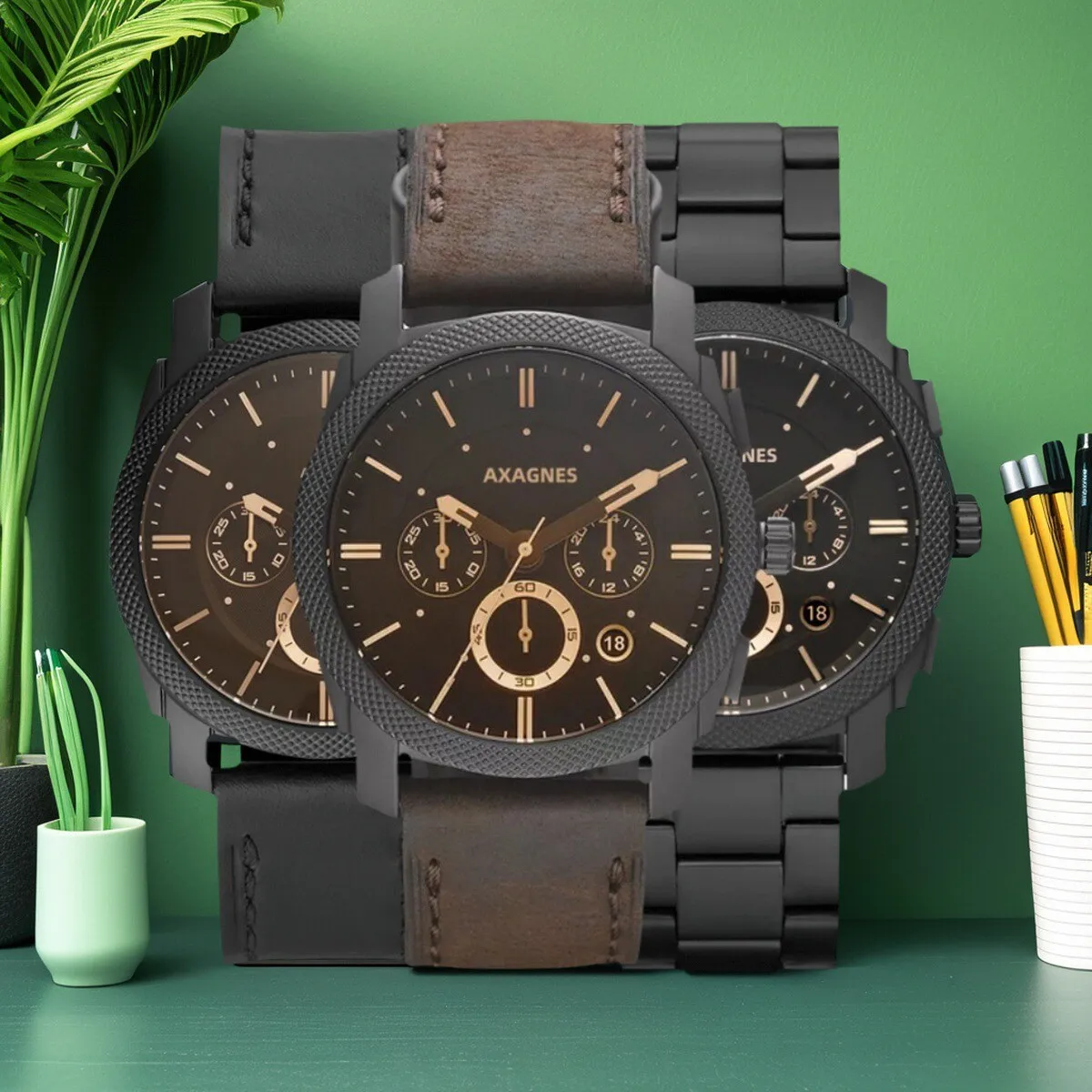 Original-máquina de cuero para hombre simulación reloj con esfera negra correa de acero color marrón-negro FS4656/FS4682/FS5586