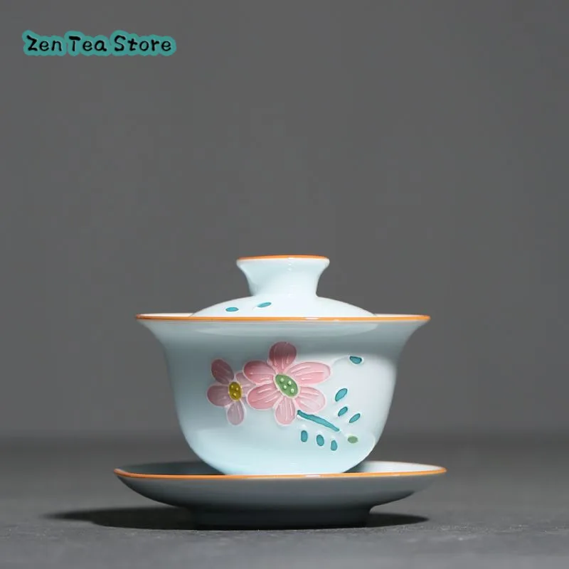 Pure Hand-painted Peach Blossom Three Cover Bowl Ceramic Underglaze Color Small Fresh Tea Bowl Home Kung Fu Tea Set