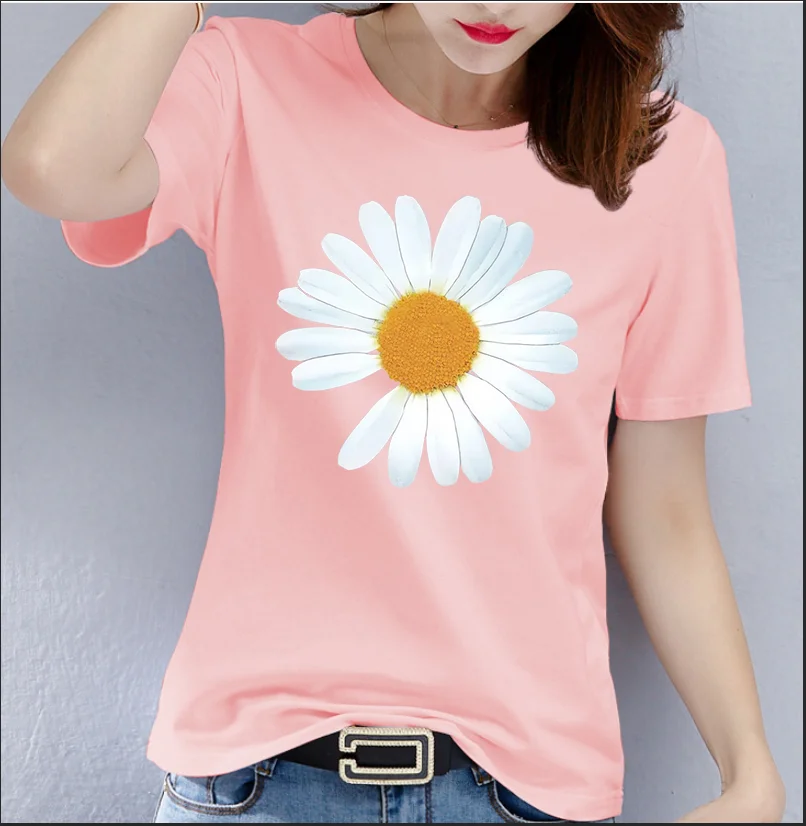 Camiseta de algodón con estampado de flores para mujer, camiseta de manga corta con cuello redondo y Media manga con margaritas, ropa de gran tamaño