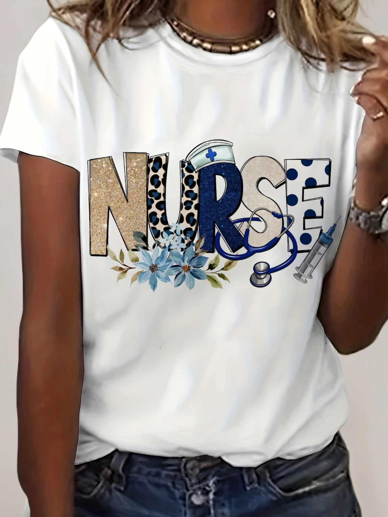 Floral & Graphic Print Nurse Life T-Shirt - Women's Short Sleeve Crew Neck Casual Top with Leopard Accents