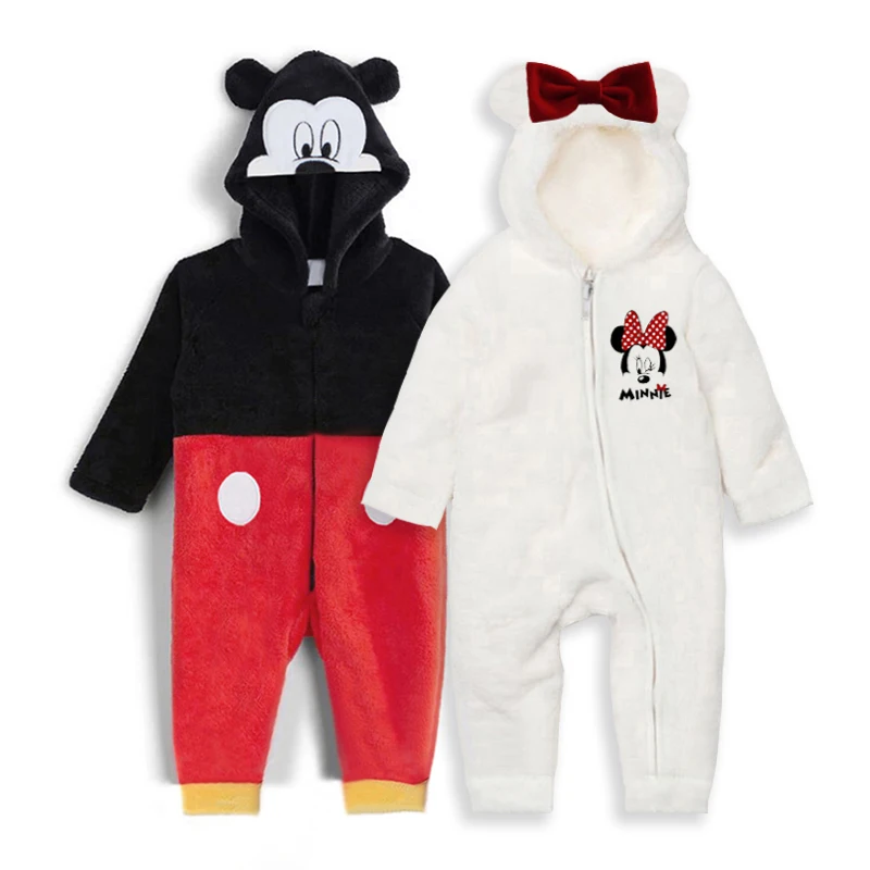 Mickey Minnie Baby Rompers Warm Fleece Newborn Baby Clothes Kids Overall Hooded Baby Jumpsuit Infant Costumes For 0-3Yrs