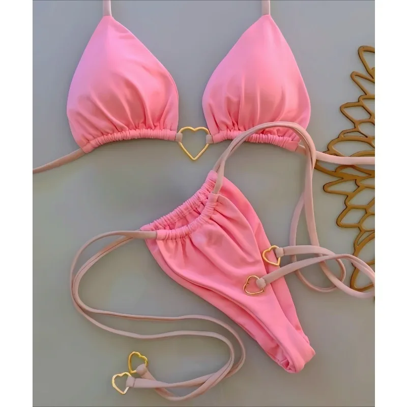 Costumes deux pièces femmes Sexy Bikinis ensemble coeur licou cou sangle string filles Bikini maillot de bain ensembles maillots de bain Biquini maillot de bain