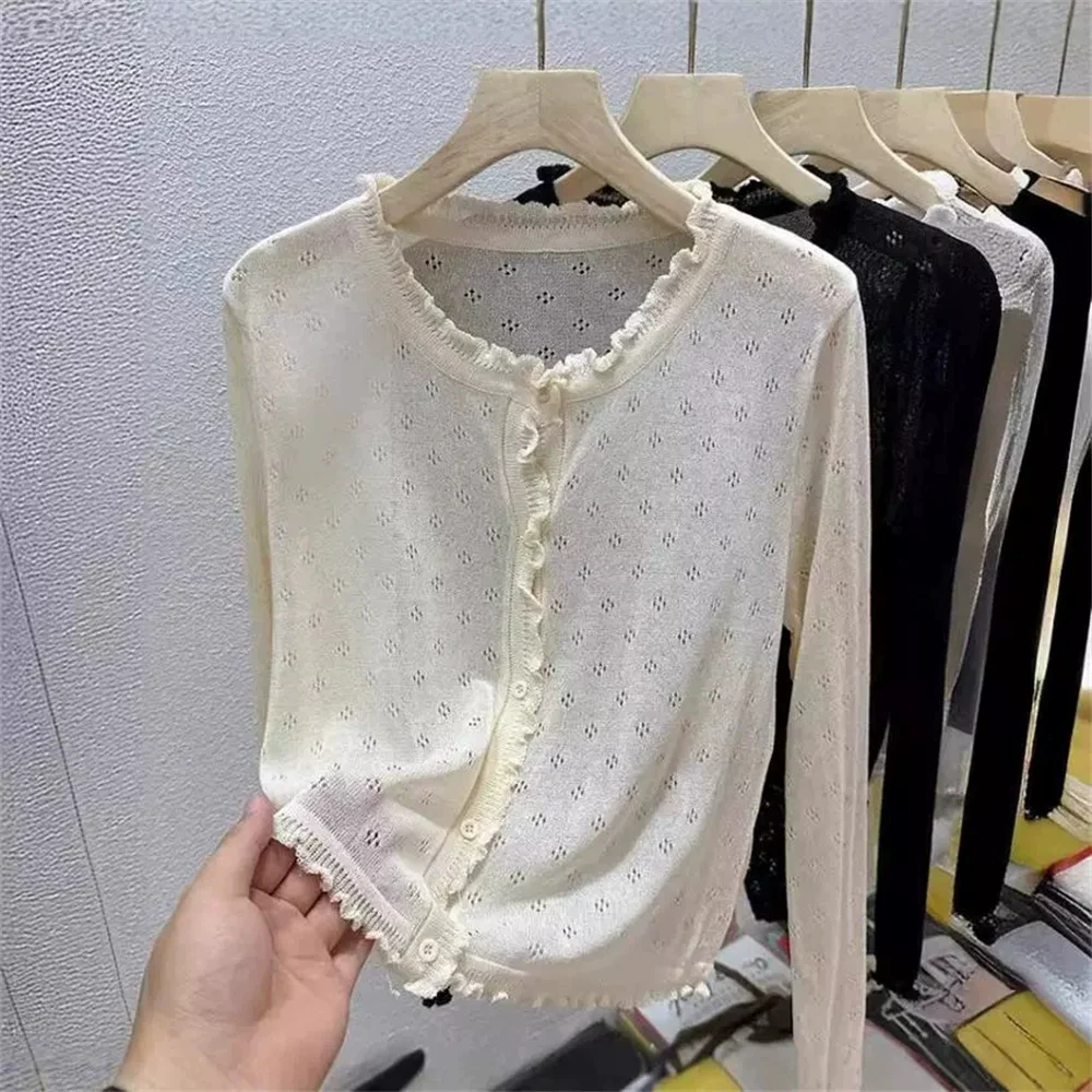 Koreaanse stijl schattig uitgehold dun gebreid vest dames zomer zwart wit beige roze vest lange mouw slanke korte knop top