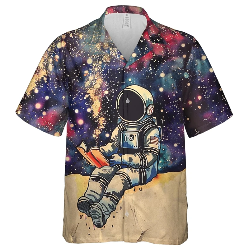 

Fashion Astronaut Space Hawaiian Shirts For Men 3D Print Spaceman Lapel Shirt Street Loose Button Tee Short Sleeves Hawaii Style