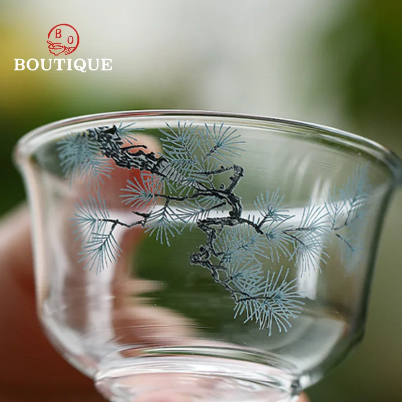 Pine And Crane Gaiwan Original Glass Tea Bowl Chawan Heat-Resistant Handmade Kung Fu Set Tea Cup Tool Gai Wan Cover Maker 200ml view 5