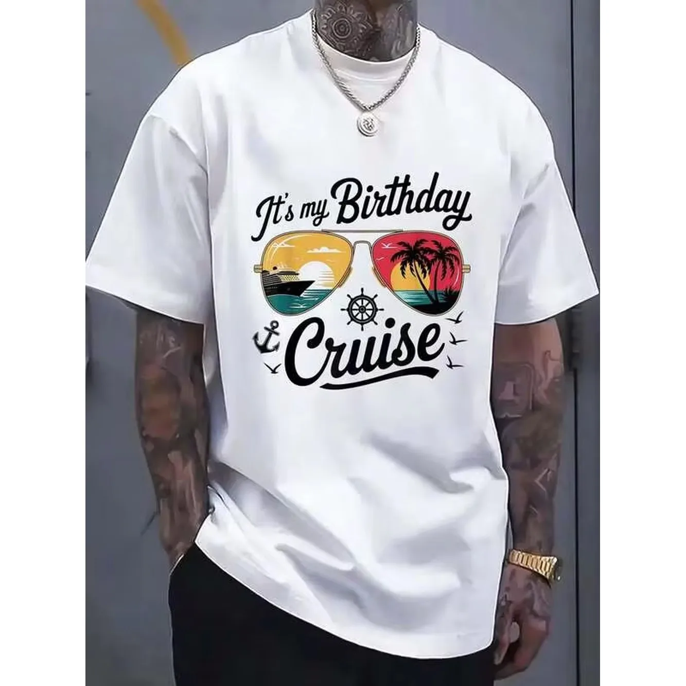 100% Cotton Street And Hip-Hop Style T-Shirt For Men, With A Festive 2025 Birthday Cruise Ship Design.
