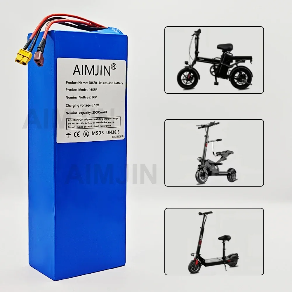 16s5p Battery Pack 60V battery 20AH 18650 Lithium  with BMS for Motorcycle, scooter, Bicycle 2000W Motor