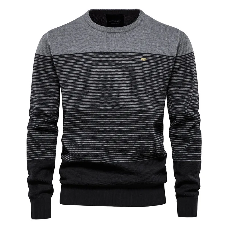 Men's Trendy Slim-Fit Crew Neck Striped Sweater - Autumn & Winter European Size, Retro Long-Sleeve, Branded Knit Top