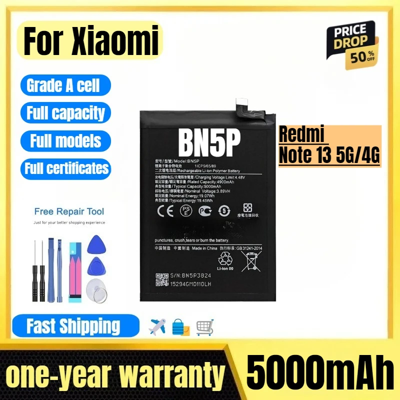 

BN5P for Xiaomi Redmi Note 13 5G/4G Mobile Phone Battery High Quality High Capacity Replacement Bateria Grade A Cell with Tools