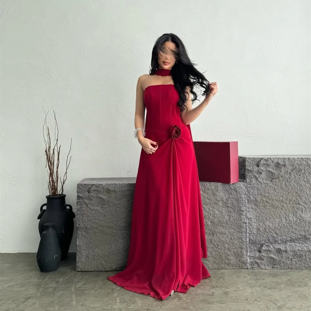 

Customized Long Red Evening Dress with Flower Chiffon A-Line Sleeveless حزب اللباس Zipper Floor Length Prom Dress for Women